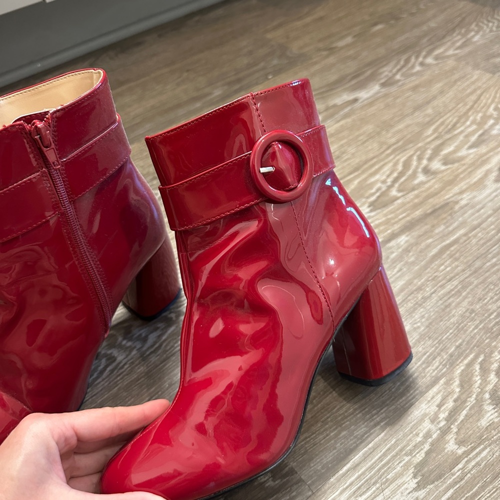 Nine West Red Patent Ankle Boots with Buckle Accent - Picture 4 of 5